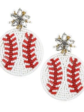 Beaded Baseball Stitch Dangle Earrings - White & Red